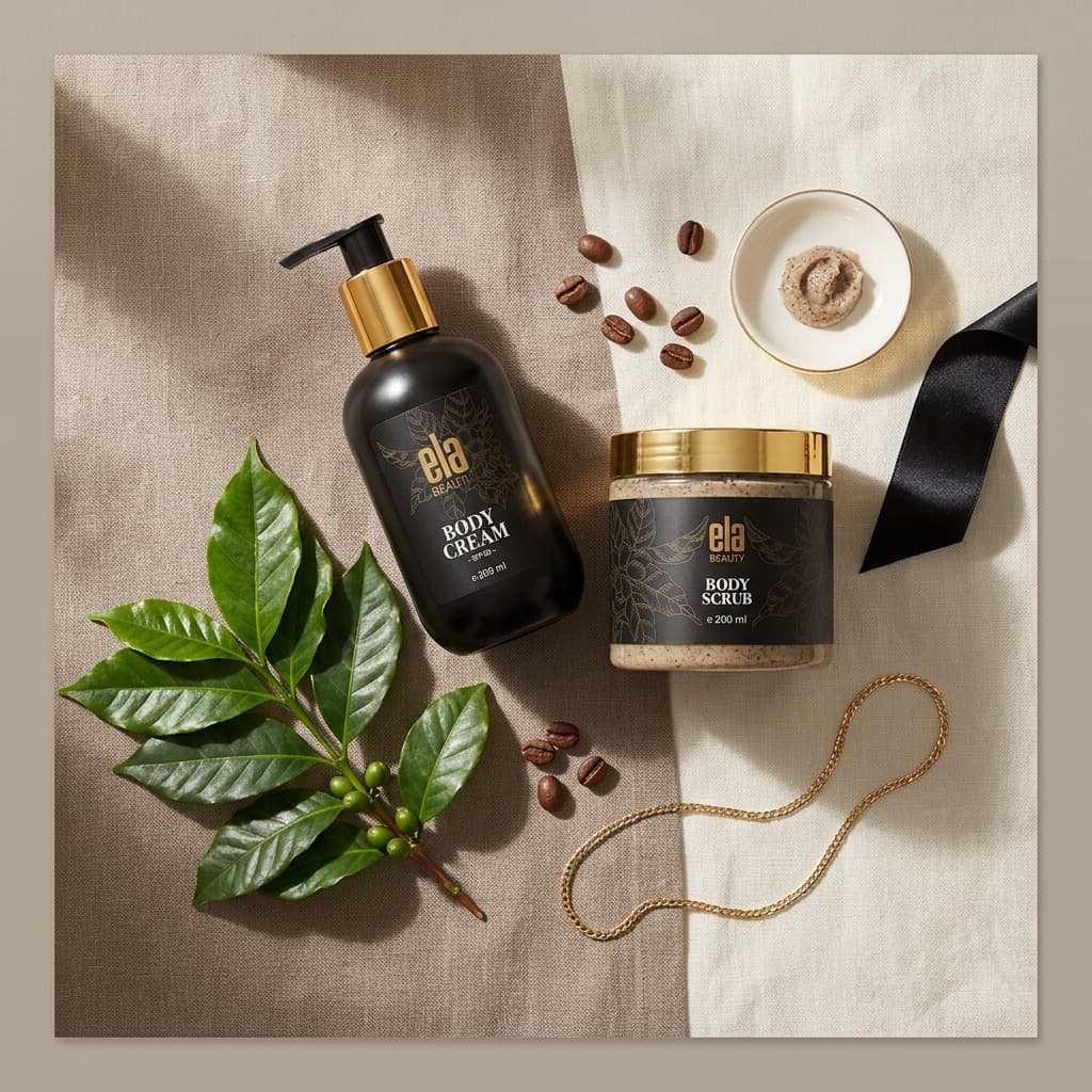 Ela Beauty body cream and scrub with coffee leaves